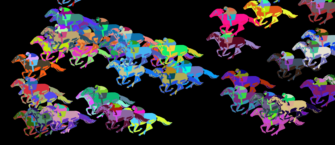 Varied multi-colored horses, racing to the left.